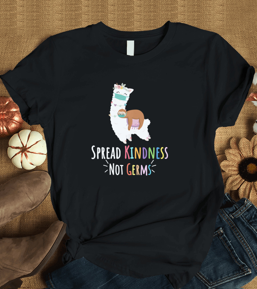 Cute Llama and Sloth with Face Masks Spread Kindness Not Germs T-Shirt