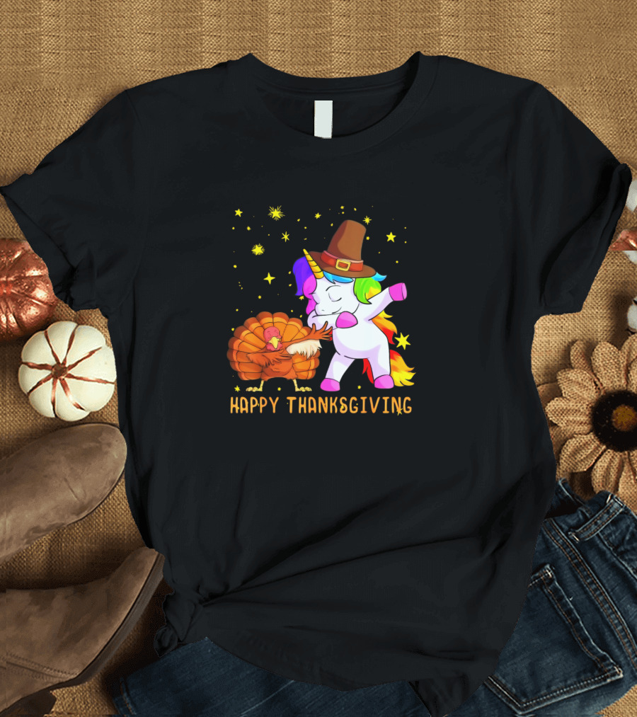 Happy Thanksgiving Cute Unicorn Pilgrim and Turkey with Stars T-Shirt