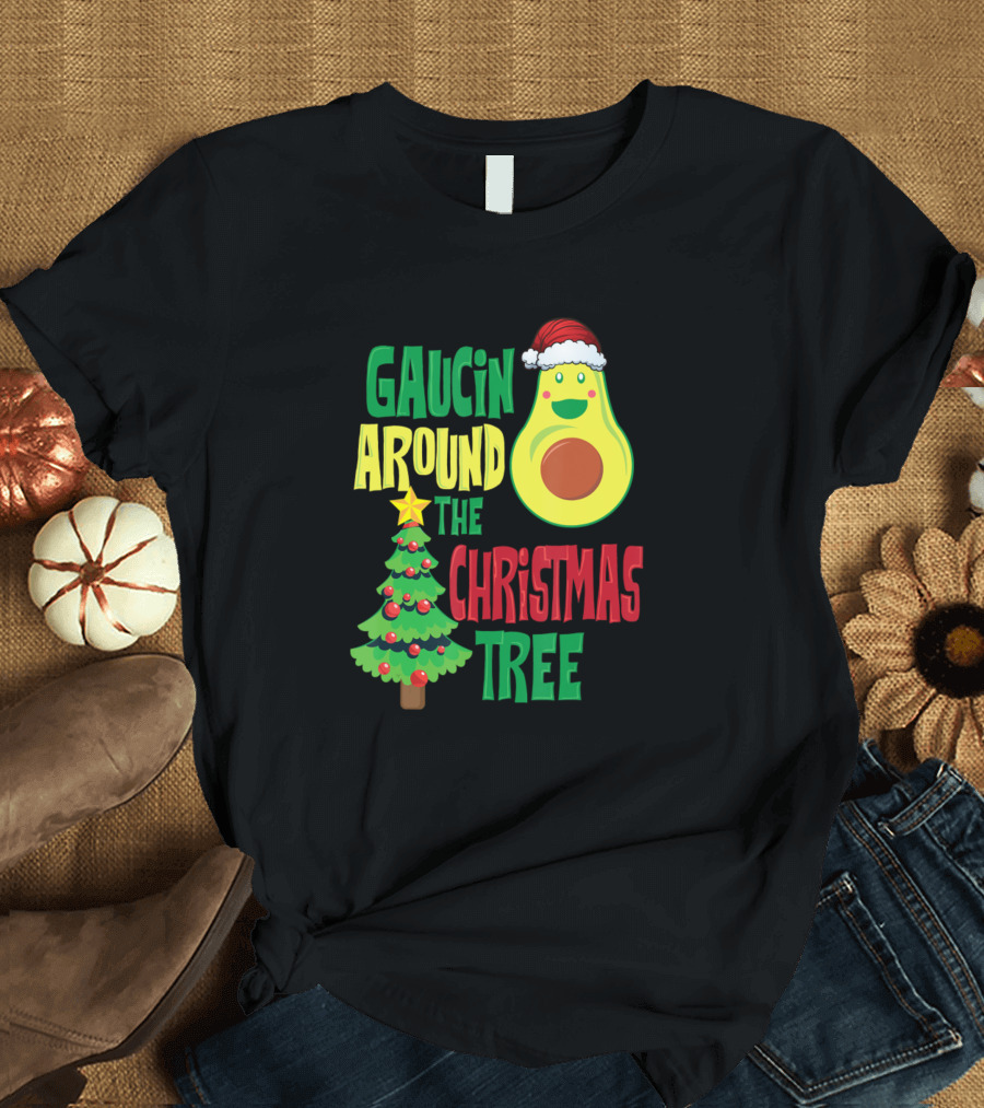 Guacin Around the Christmas Tree Avocado Santa Hat Holiday Fun T-Shirt