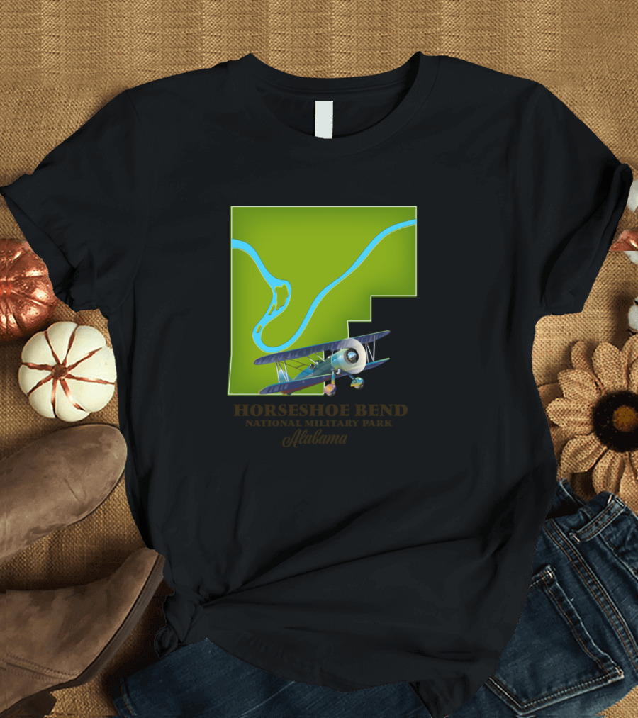 Horseshoe Bend National Military Park Alabama with Airplane and River Map T-Shirt