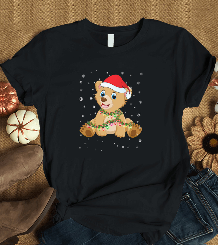 Bear Santa Hat Christmas Lights Snowflakes T-Shirt