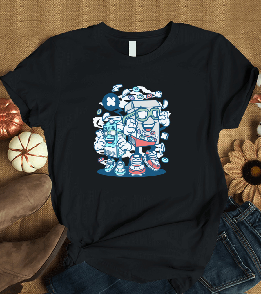 Cereal Box Milk Cartoon Characters Comics Glasses Sneakers T-Shirt