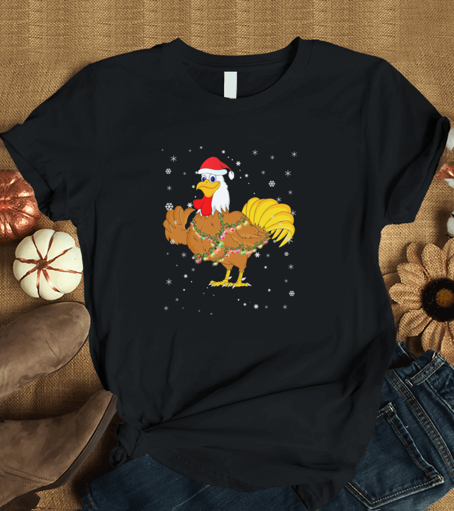 Christmas Rooster with Santa Hat and Holiday Lights T-Shirt