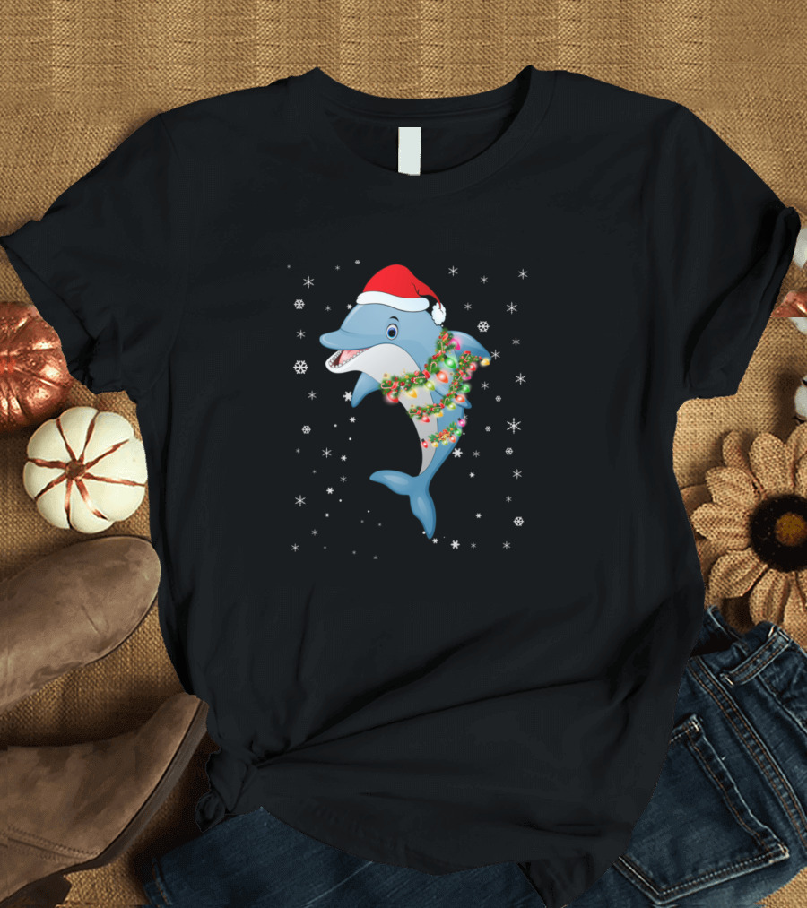 Dolphin Wearing Santa Hat with Christmas Lights and Snowflakes T-Shirt