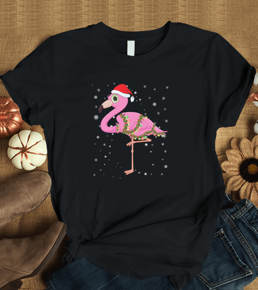 Flamingo Santa Hat Wrapped in Christmas Lights with Snowflakes T-Shirt