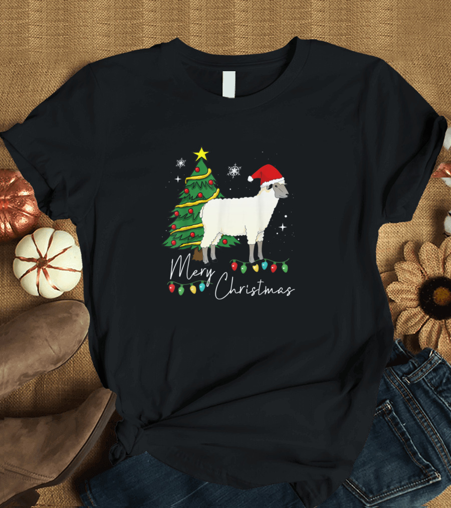 Merry Christmas Sheep with Santa Hat and Christmas Tree T-Shirt