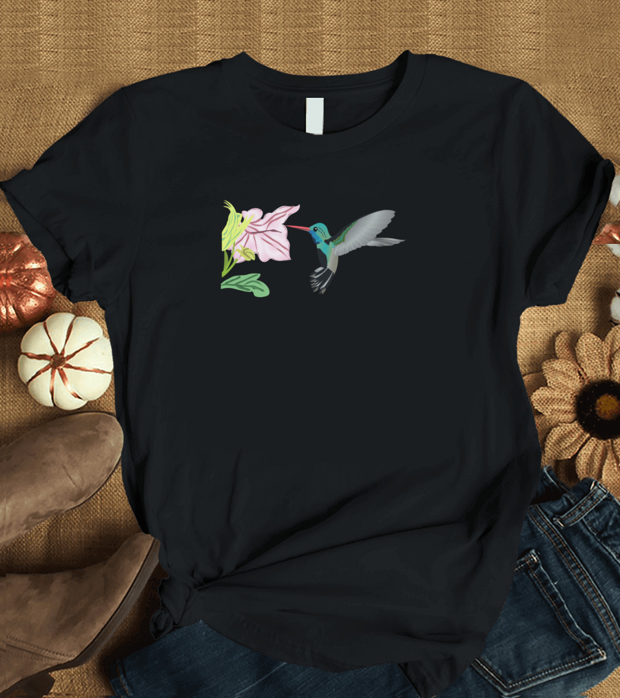Humming Bird Picking Pink Flower T-Shirt