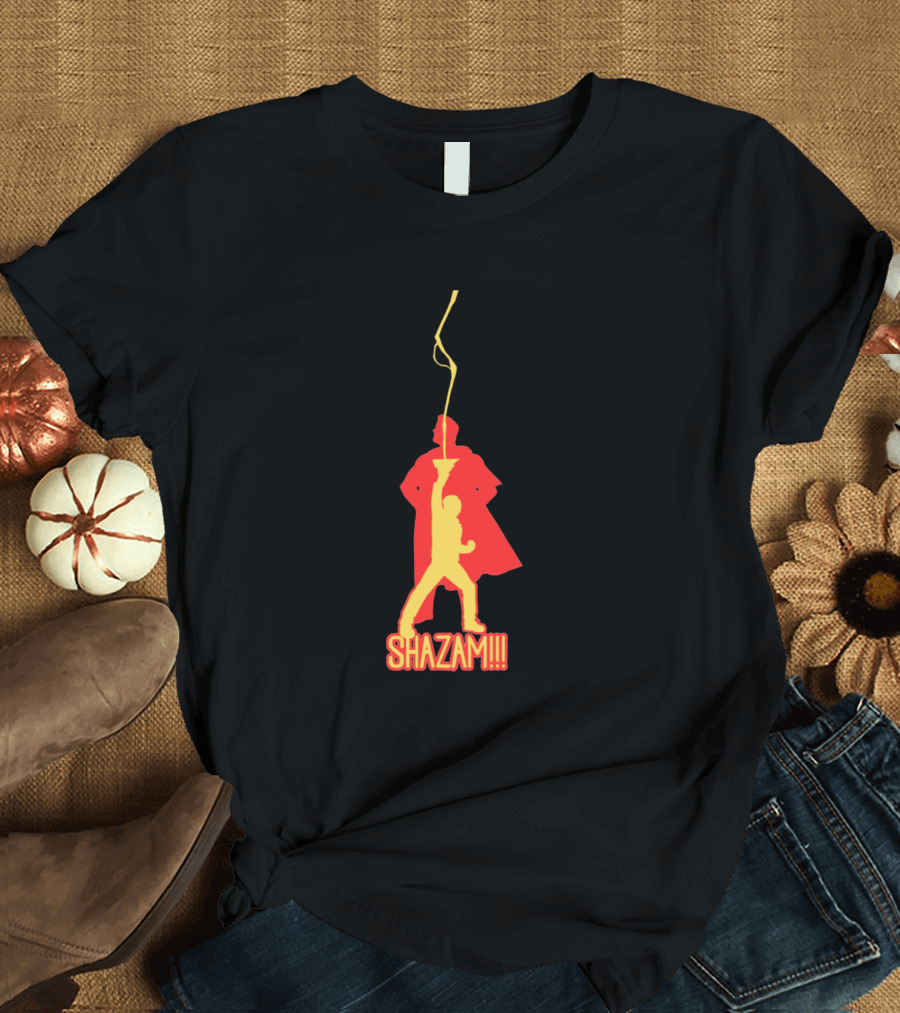 Shazam Silhouette with Lightning and Heroic Transformation Scene T-Shirt
