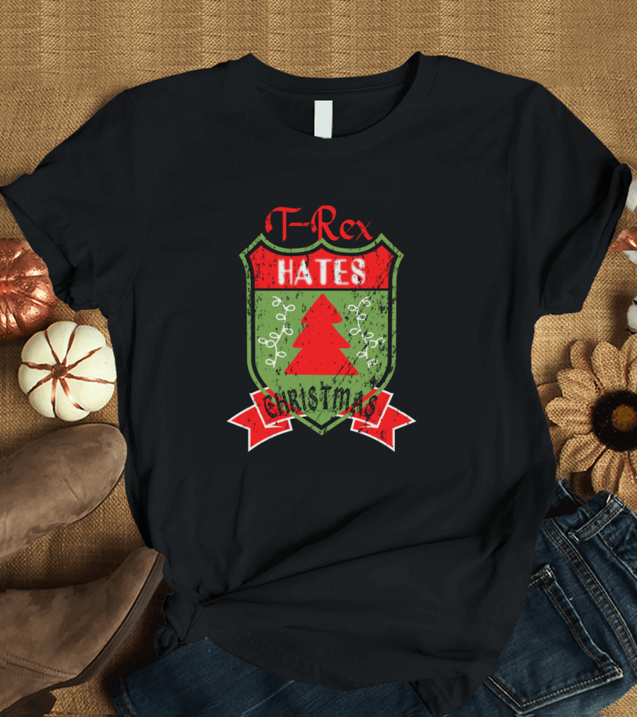 T Rex Hates Christmas Grunge Shield with Red Tree T-Shirt