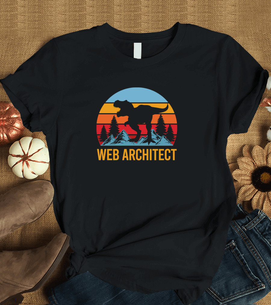 Web Architect Dinosaur Retro Sunset Mountains T-Shirt