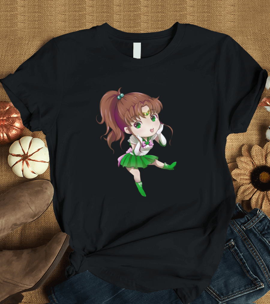 Chibi Sailor Jupiter Anime Character Green Outfit Brown Hair Cute T-Shirt