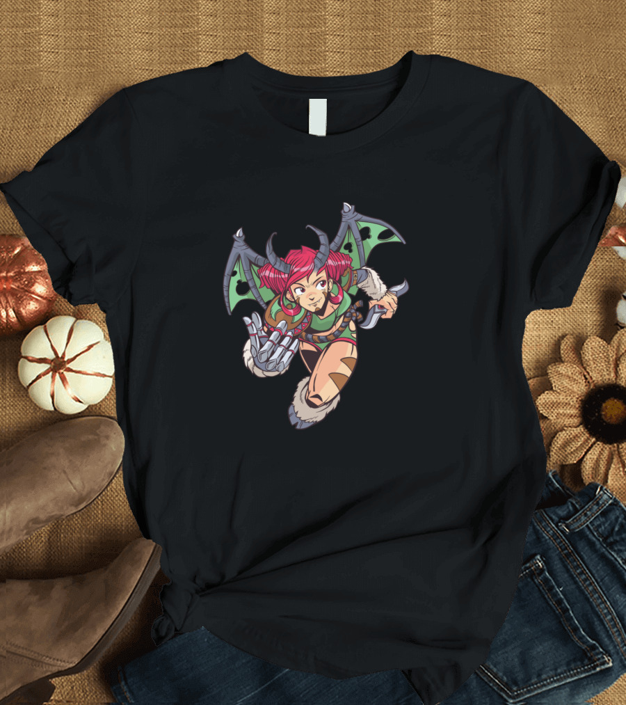 Demon Girl Anime Winged Character with Horns and Red Hair T-Shirt