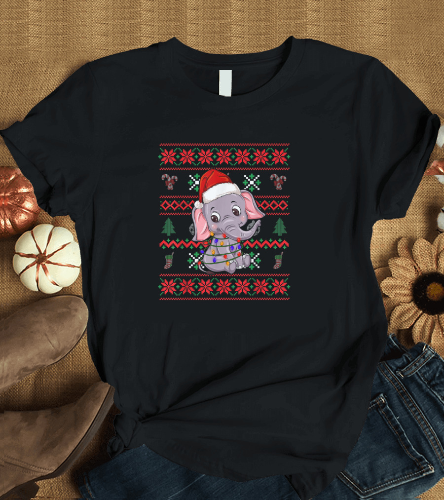 Elephant Ugly Christmas Santa Hat with Lights and Holiday T-Shirt