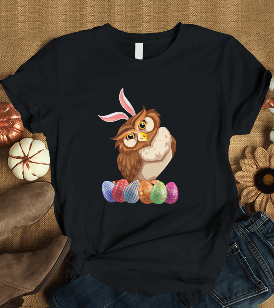 Fun Easter Day Owl Bunny Ear Egg Hunting Rabbit T-Shirt