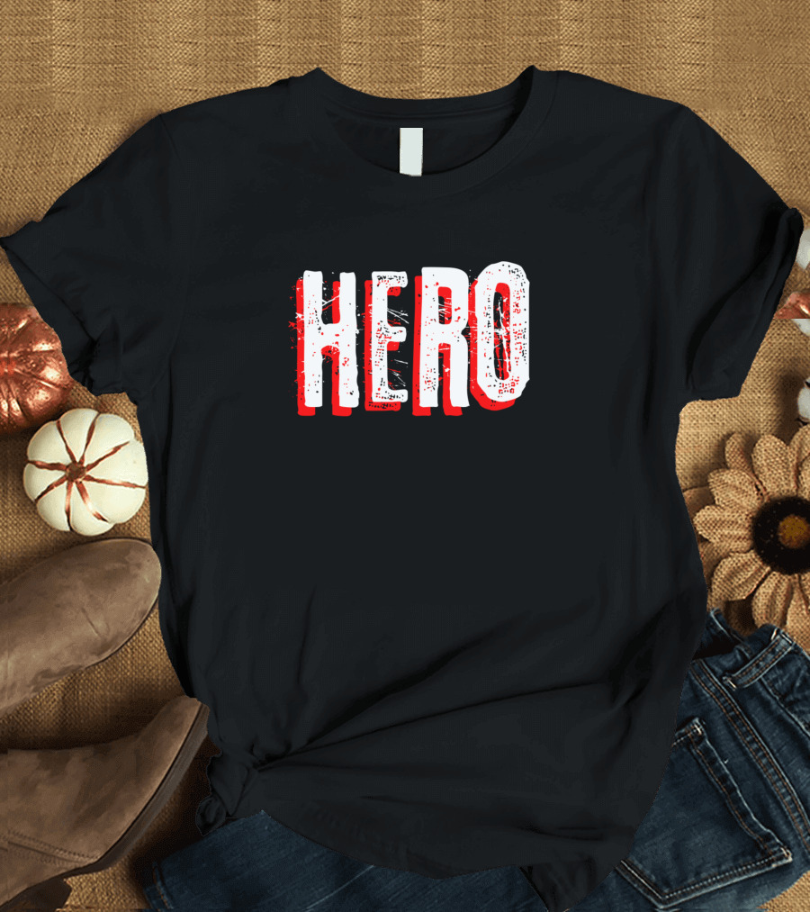 Hero Distressed Bold Typography Red White Black Contrast T-Shirt