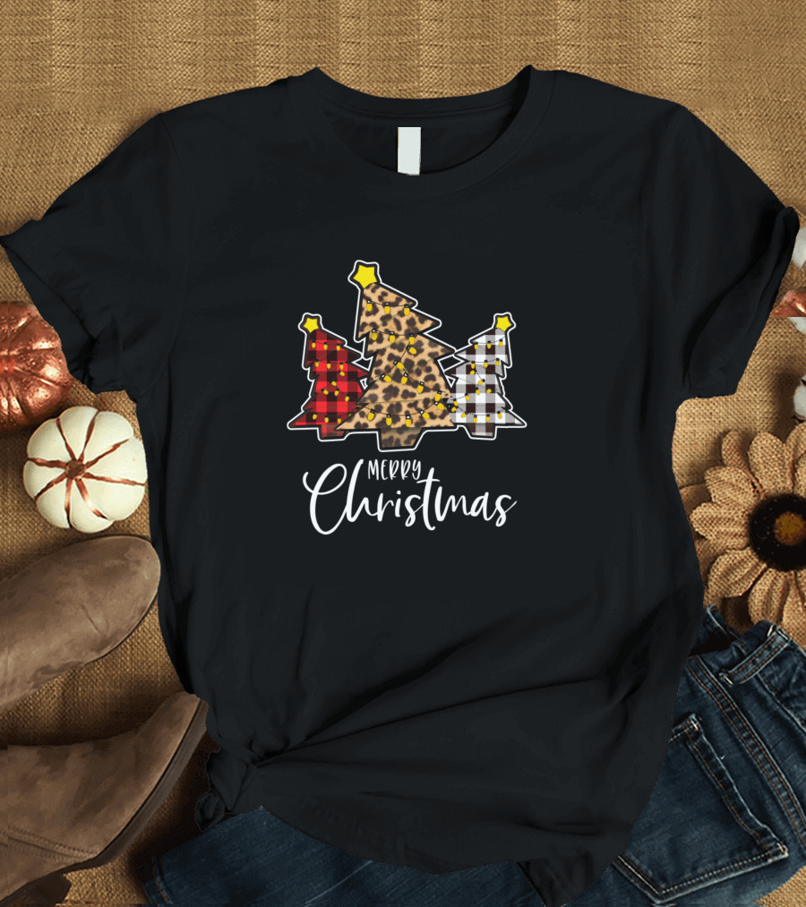 Merry Christmas Plaid Leopard Tree T-Shirt