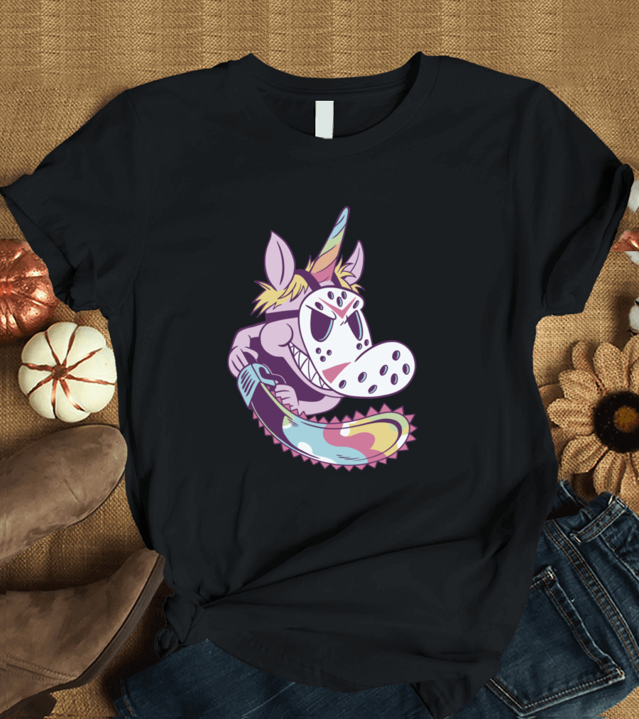 Unicorn Jason Mask Chainsaw Pastel Horror Mashup T-Shirt
