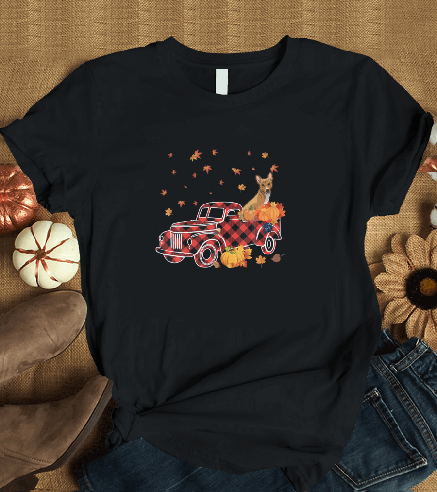 Basenji Dog in Plaid Truck with Pumpkins and Autumn Leaves T-Shirt