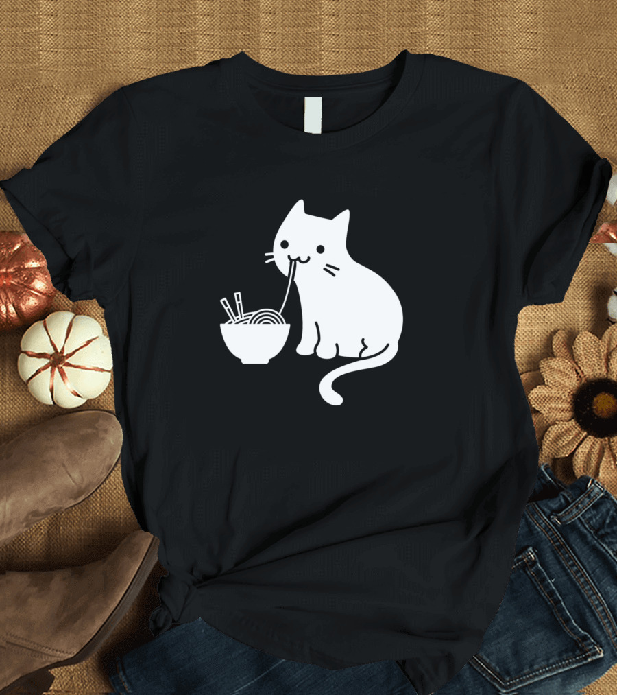 Cute Cat Eating Ramen Bowl with Chopsticks White T-Shirt
