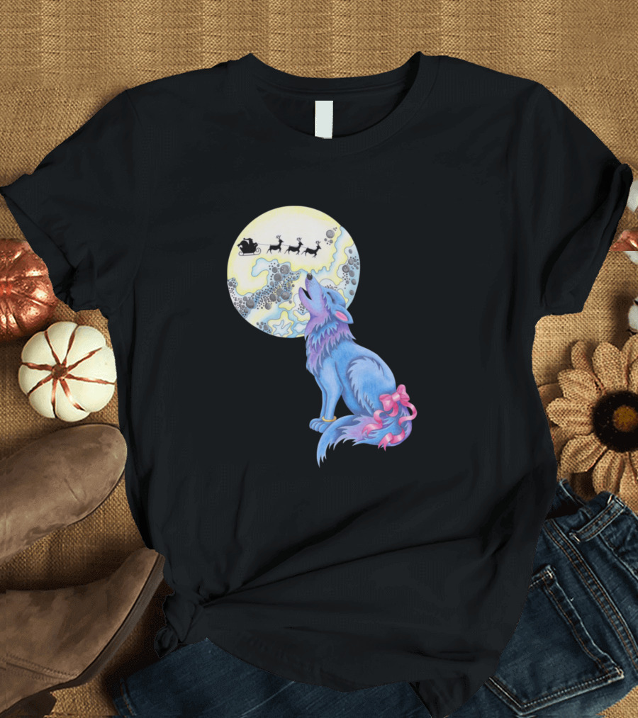 Happy Howlidays Blue Wolf Howling at Moon with Santa Sleigh and Reindeer T-Shirt
