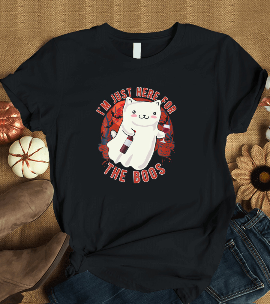 I'm Just Here For The Boos Funny Cute Kitty Ghost Halloween Wine Lover Cat T-Shirt