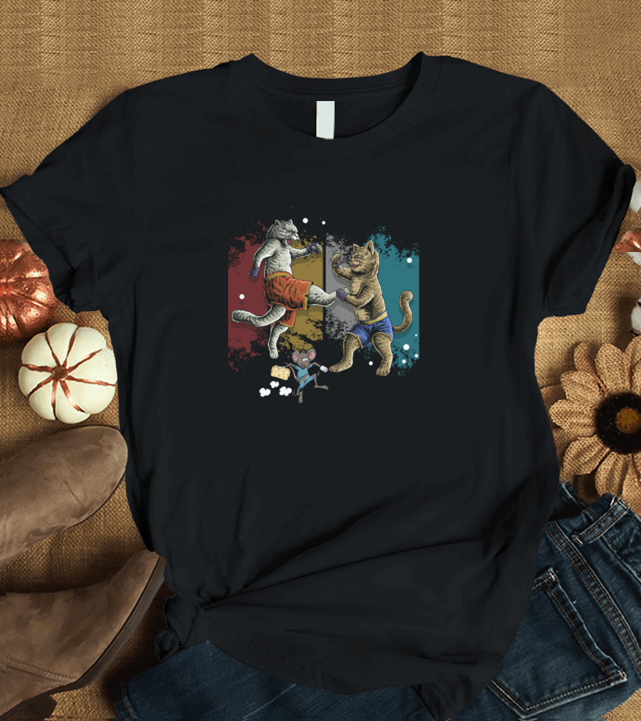 Muay Thai Cats in Boxing Gloves with Popcorn Mouse Spectator T-Shirt