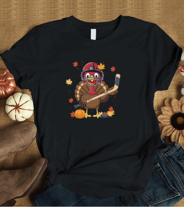 T-Shirt: Turkey in Hockey Helmet with Stick and Autumn Leaves T-Shirt Turkey in Hockey Helmet with Stick and Autumn Leaves T-Shirt