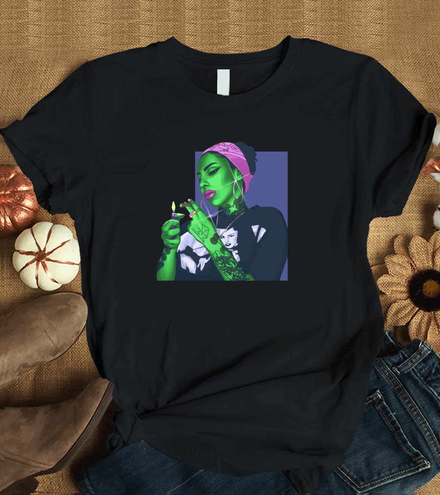 Chonga Green Woman Portrait with Tattoos and Bandana T-Shirt