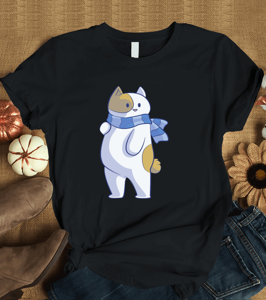 Cute Cat Meow Cartoon with Blue Scarf T-Shirt