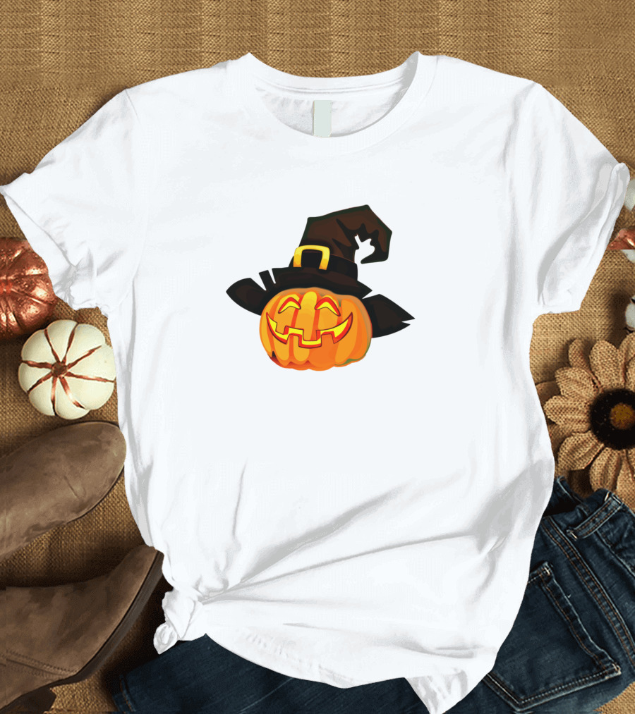 Orange Pumpkin With Witch Hat and Happy Face T-Shirt