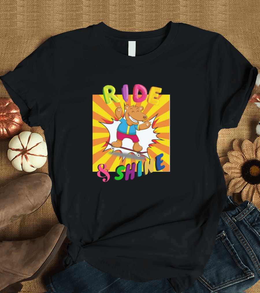 Colorful Skateboarding Bear Ride and Shine Fun Burst T-Shirt