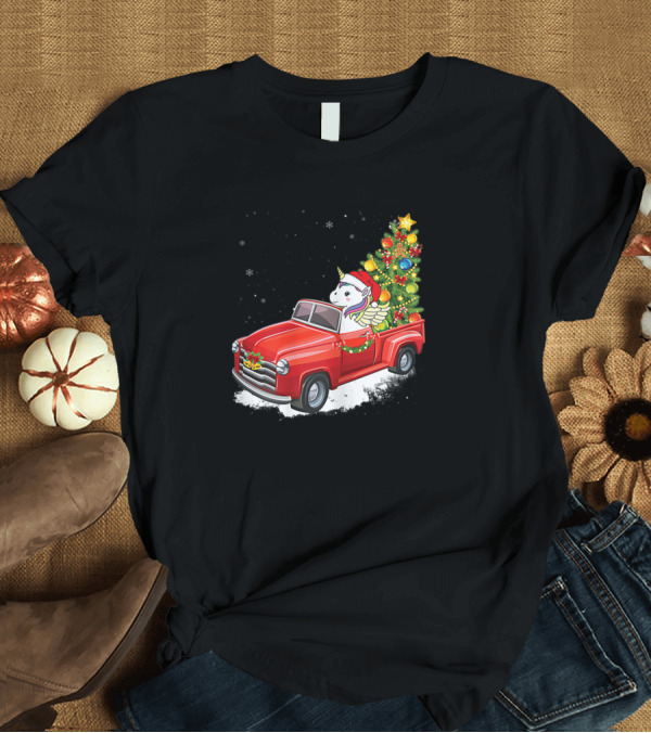 T-Shirt: Unicorn Christmas Tree in a Red Truck with Santa Hat and Decorations T-Shirt Unicorn Christmas Tree in a Red Truck with Santa Hat and Decorations T-Shirt