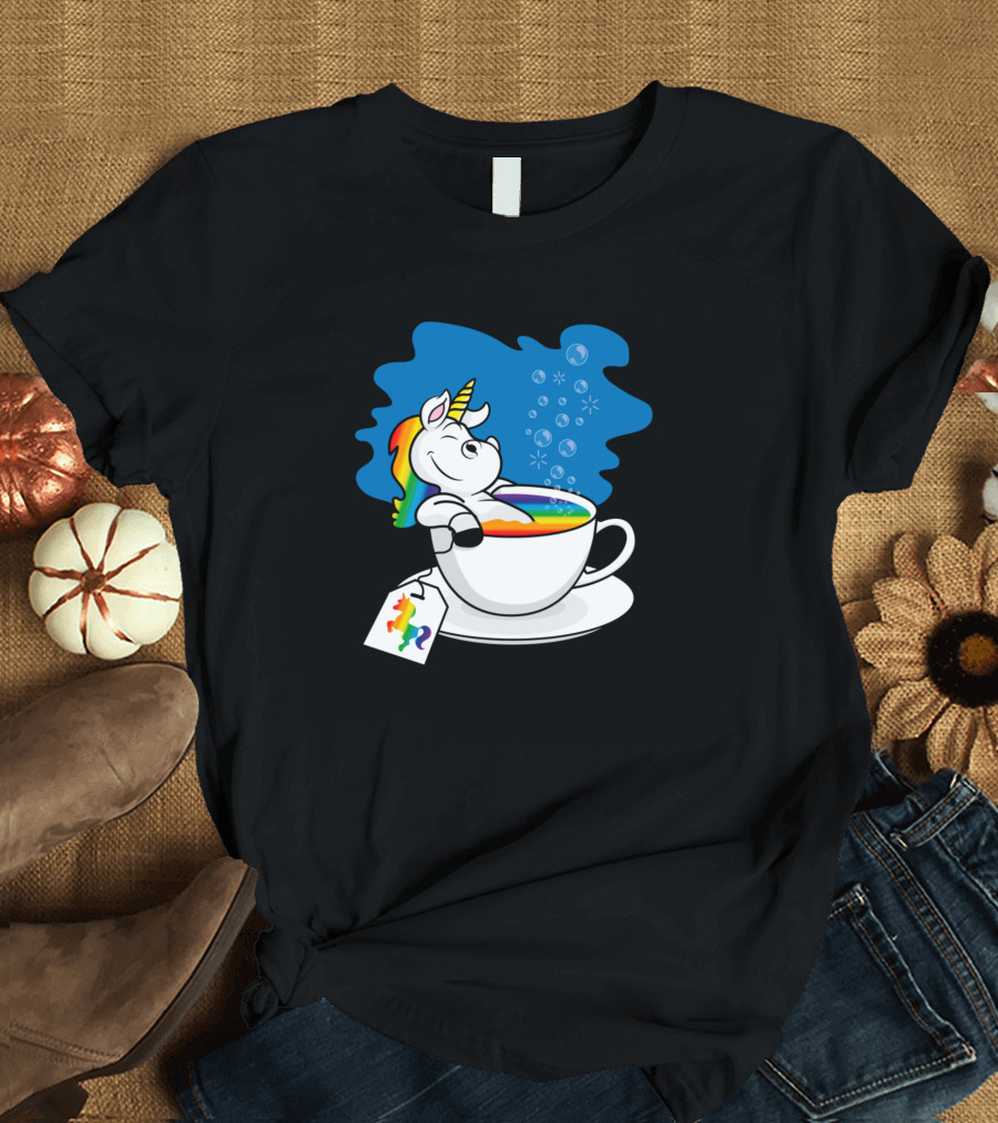 Relaxing Unicorn Bathing in Rainbow Tea Cup with Rainbow Tag T-Shirt