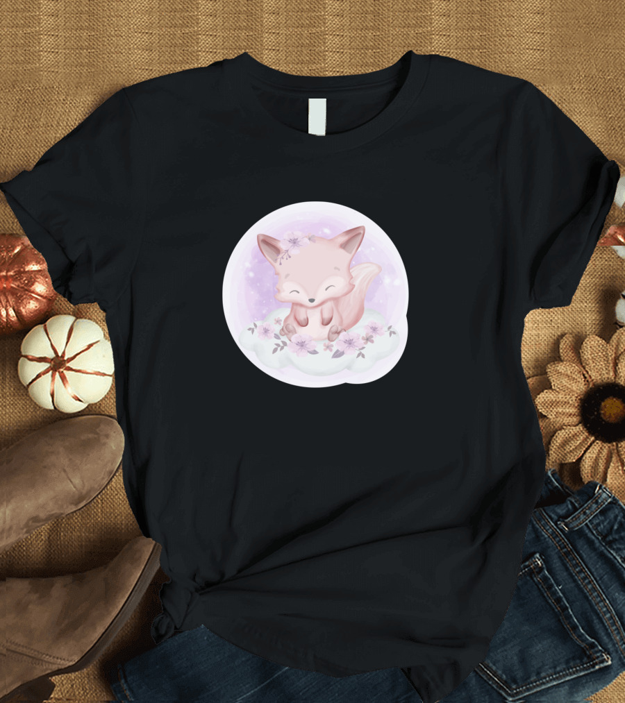 Adorable Baby Fox On The Cloud Surrounded By Flowers T-Shirt