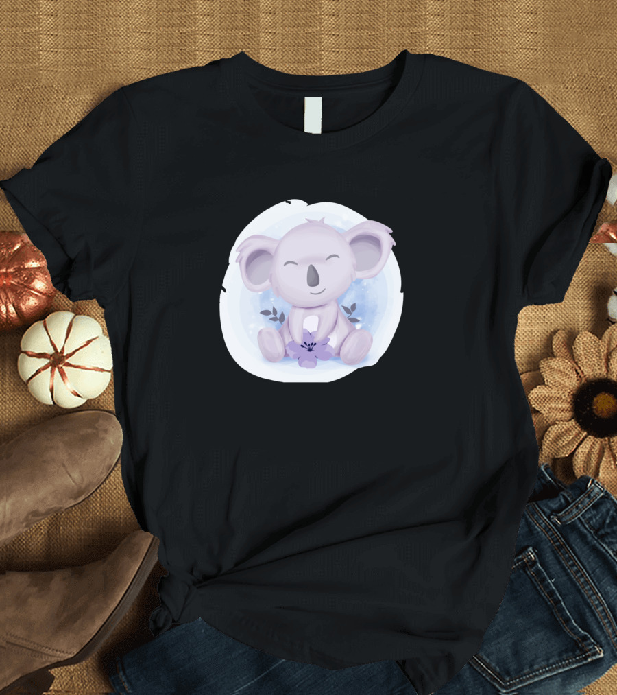 Adorable Baby Koala with Purple Flower and Pastel Circle Background T-Shirt
