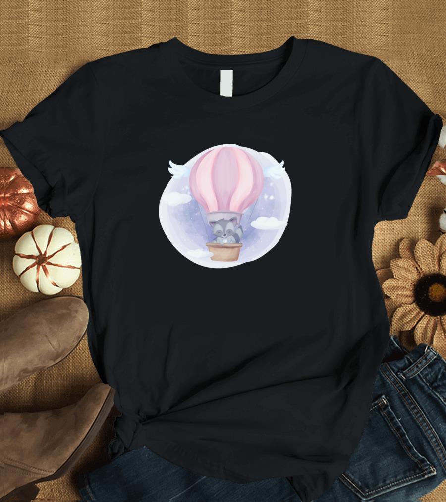 Adorable Baby Raccoon Floating in Pink Balloon with Clouds and Wings T-Shirt
