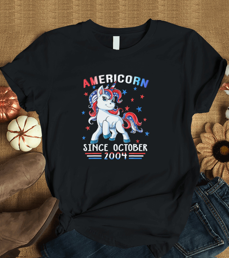 Americorn Since October 2004 Unicorn USA Flag Stars T-Shirt