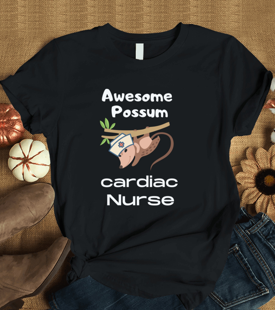 Awesome Possum Cardiac Nurse with Possum in Nurse Cap Hanging on Tree Branch T-Shirt