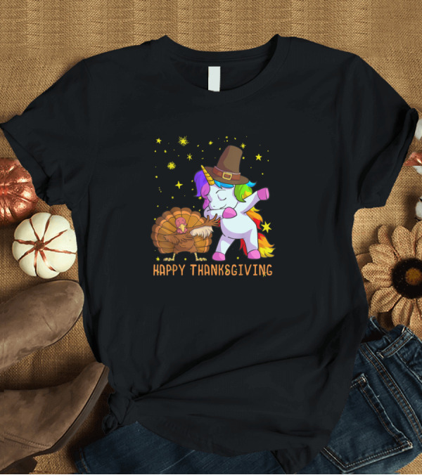 T-Shirt: Happy Thanksgiving Unicorn and Turkey with Pilgrim Hat T-Shirt Happy Thanksgiving Unicorn and Turkey with Pilgrim Hat T-Shirt