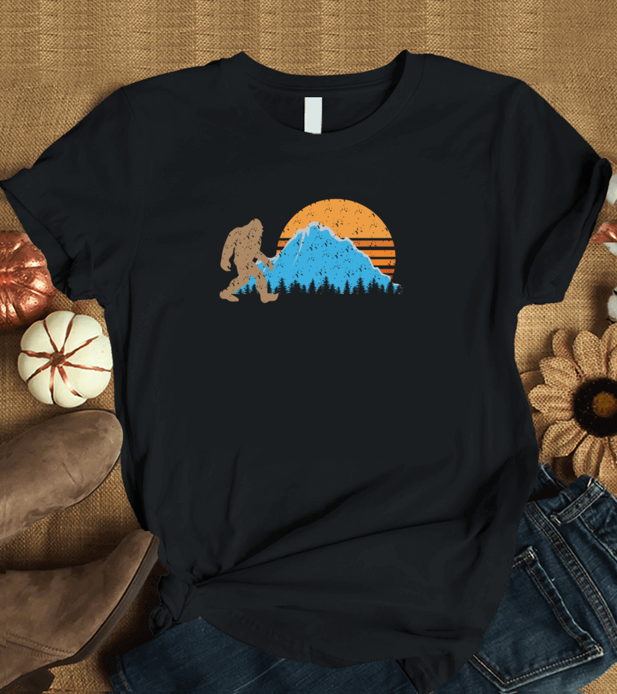 Bigfoot Sasquatch Silhouette with Mountain Sunset Scenery T-Shirt
