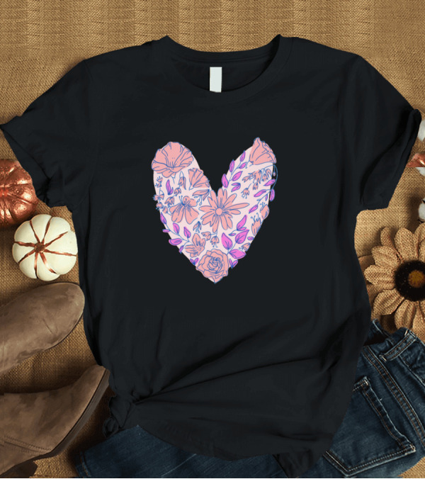 T-Shirt: Floral Heart Botanical Design with Pink and Purple Blossoms T-Shirt Floral Heart Botanical Design with Pink and Purple Blossoms T-Shirt