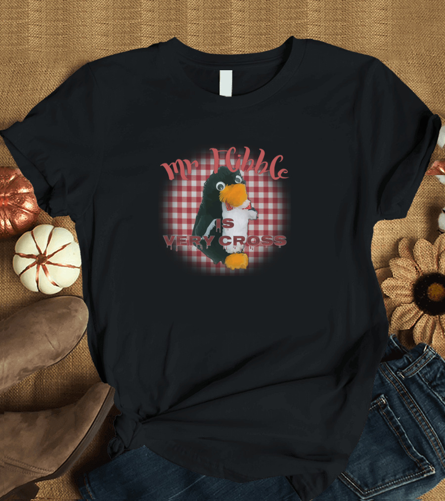 Mr Flibble Is Very Cross Penguin Puppet on Red Gingham T-Shirt