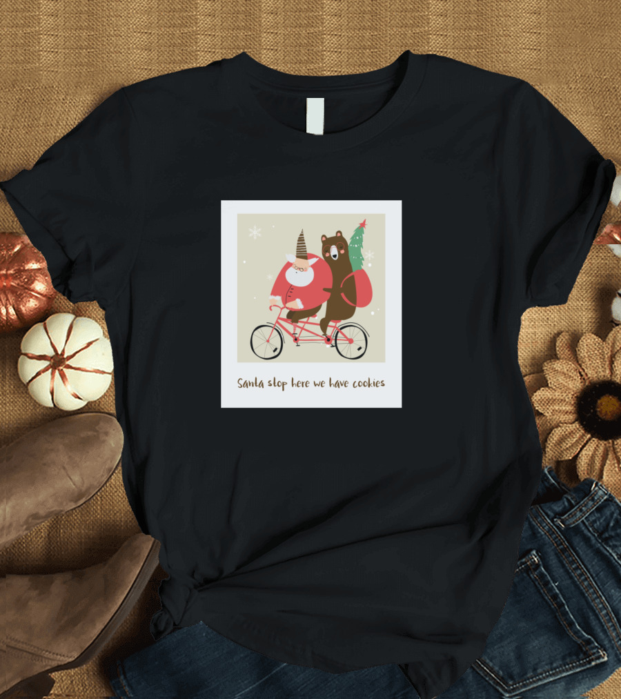 Santa Stop Here We Have Cookies Festive Tandem Santa and Bear Riding with Christmas Tree T-Shirt