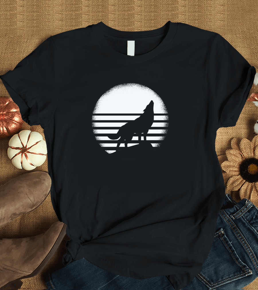 Wolfhund Howling Silhouette in Moonlit Stripes T-Shirt