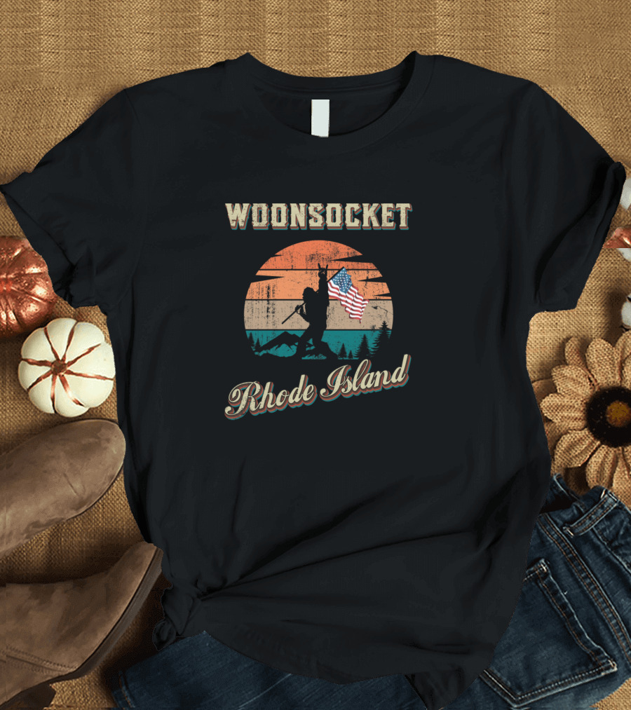 Woonsocket Rhode Island Vintage Silhouette with American Flag T-Shirt