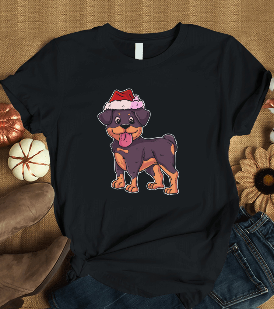 Christmas Rottweiler Santa Hat Cute Cartoon Dog T-Shirt
