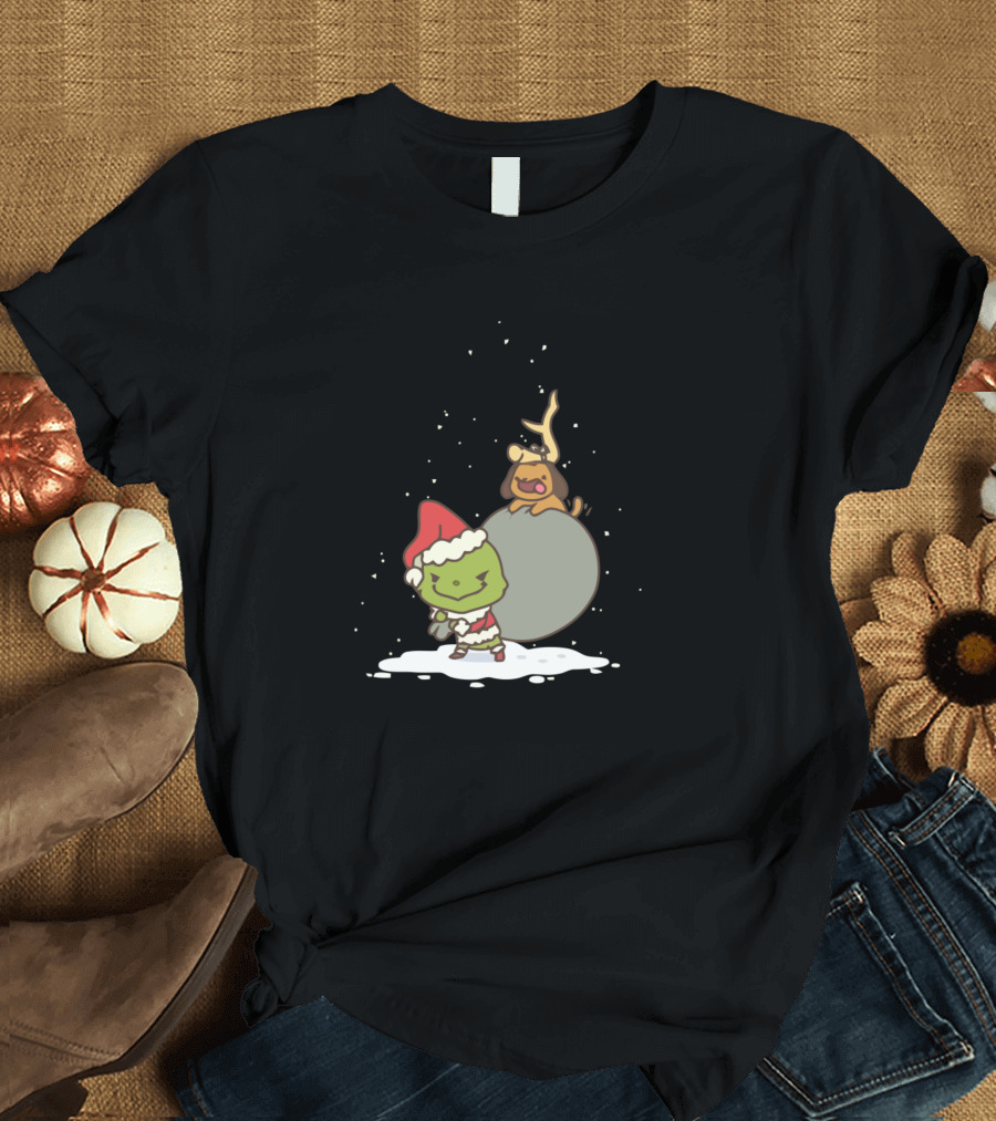 Grinch Santa with Max Reindeer Costume Snowball Mischief T-Shirt