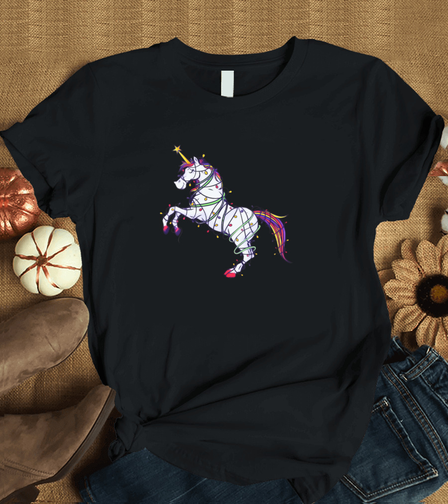 Cute Unicorn Wrapped In Christmas Lights Festive T-Shirt
