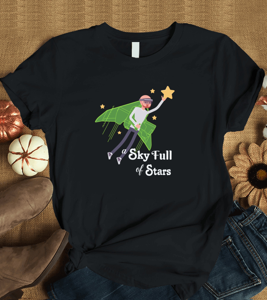 A Sky Full of Stars with Flying Astronaut Holding Star and Green Wingpack T-Shirt