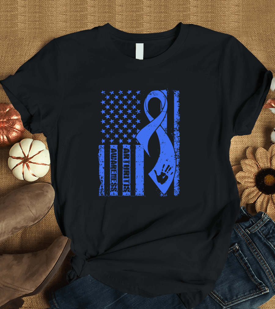 Arthritis Awareness Blue Ribbon Flag with Stars and Stripes Handprint T-Shirt